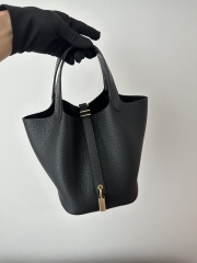 Picotin Lock 18cm Touch in Imported Clemence Leather with Matte Alligator Crocodile, CC89 Noir Black with Gold Hardware