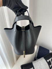 Picotin Lock 18cm Touch in Imported Clemence Leather with Matte Alligator Crocodile, CC89 Noir Black with Gold Hardware