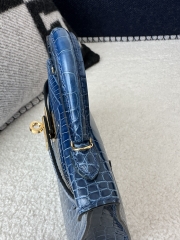 Kelly Mini II Second Generation in Imported HCP Water-Dyed Shiny Alligator Crocodile, CC73 Bleu Sapphire with Gold Hardware