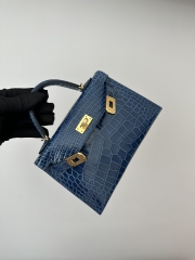 Kelly Mini II Second Generation in Imported HCP Water-Dyed Shiny Alligator Crocodile, CC73 Bleu Sapphire with Gold Hardware
