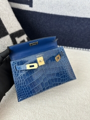 Kelly Mini II Second Generation in Imported HCP Water-Dyed Shiny Alligator Crocodile, CC73 Bleu Sapphire with Gold Hardware