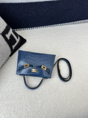 Kelly Mini II Second Generation in Imported HCP Water-Dyed Shiny Alligator Crocodile, CC73 Bleu Sapphire with Gold Hardware