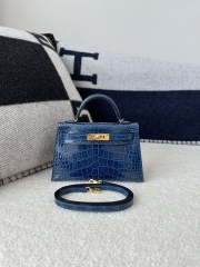 Kelly Mini II Second Generation in Imported HCP Water-Dyed Shiny Alligator Crocodile, CC73 Bleu Sapphire with Gold Hardware
