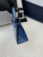 Kelly Mini II Second Generation in Imported HCP Water-Dyed Shiny Alligator Crocodile, CC73 Bleu Sapphire with Gold Hardware
