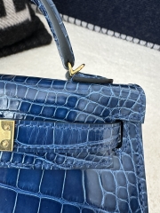 Kelly Mini II Second Generation in Imported HCP Water-Dyed Shiny Alligator Crocodile, CC73 Bleu Sapphire with Gold Hardware