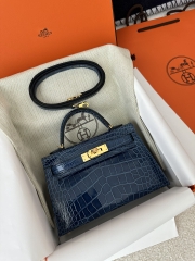 Kelly Mini II Second Generation in Imported HCP Water-Dyed Shiny Alligator Crocodile, CC73 Bleu Sapphire with Gold Hardware