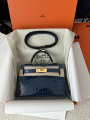 Kelly Mini II Second Generation in Imported HCP Water-Dyed Shiny Alligator Crocodile, CC73 Bleu Sapphire with Gold Hardware