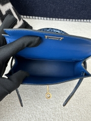 Kelly Mini II Second Generation in Imported HCP Water-Dyed Shiny Alligator Crocodile, CC73 Bleu Sapphire with Gold Hardware