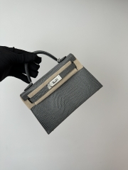 Mini Kelly II Second Generation in Imported Lizard Leather, CK84 Gris Fonce Rope Grey with Silver Hardware