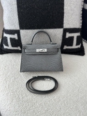 Mini Kelly II Second Generation in Imported Lizard Leather, CK84 Gris Fonce Rope Grey with Silver Hardware