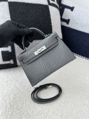 Mini Kelly II Second Generation in Imported Lizard Leather, CK84 Gris Fonce Rope Grey with Silver Hardware