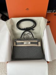 Mini Kelly II Second Generation in Imported Lizard Leather, CK84 Gris Fonce Rope Grey with Silver Hardware