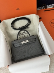 Mini Kelly II Second Generation in Imported Lizard Leather, CK84 Gris Fonce Rope Grey with Silver Hardware