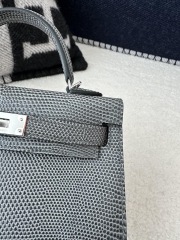 Mini Kelly II Second Generation in Imported Lizard Leather, CK84 Gris Fonce Rope Grey with Silver Hardware