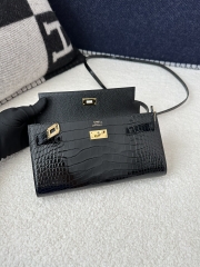 Kelly To Go Crossbody Wallet in Imported HCP Water-Dyed Shiny Alligator Crocodile, CK89 Noir Black with Gold Hardware