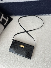 Kelly To Go Crossbody Wallet in Imported HCP Water-Dyed Shiny Alligator Crocodile, CK89 Noir Black with Gold Hardware