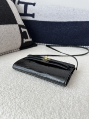 Kelly To Go Crossbody Wallet in Imported HCP Water-Dyed Shiny Alligator Crocodile, CK89 Noir Black with Gold Hardware
