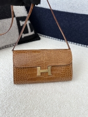 Constance To Go Crossbody Wallet in Imported HCP Water-Dyed Shiny Alligator Crocodile, CC24 Tabac Camel with Gold Hardware