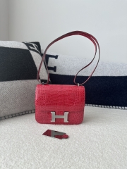 Constance 18cm New Mirror Edition in HCP Water-Dyed Shiny Alligator Crocodile, 0D Rose Mexico with Silver Hardware