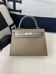 Kelly 25cm Touch in HCP Water-Dyed Shiny Nilo Crocodile with Imported Madame Calfskin, CK18 Etoupe Grey and CK81 Gris Tourterelle with Silver Hardware
