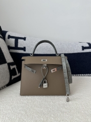Kelly 25cm Touch in HCP Water-Dyed Shiny Nilo Crocodile with Imported Madame Calfskin, CK18 Etoupe Grey and CK81 Gris Tourterelle with Silver Hardware