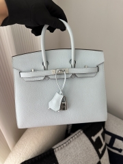 Birkin 25cm with External Stitching in Imported Epsom Leather, T0 Blue Brume with Silver Hardware