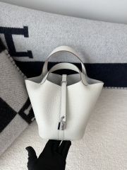 Picotin Lock 18cm in Imported Clemence TC Leather, 8L Beton Glacier White with Silver Hardware