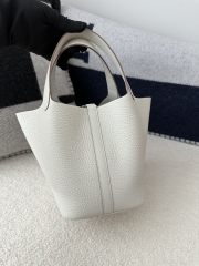 Picotin Lock 18cm in Imported Clemence TC Leather, 8L Beton Glacier White with Silver Hardware
