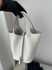 Picotin Lock 18cm in Imported Clemence TC Leather, 8L Beton Glacier White with Silver Hardware