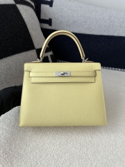 Kelly 25cm in Imported Epsom Leather, 1Z Jaune Poussin Chick Yellow with Silver Hardware
