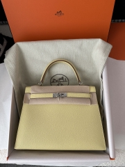 Kelly 25cm in Imported Epsom Leather, 1Z Jaune Poussin Chick Yellow with Silver Hardware