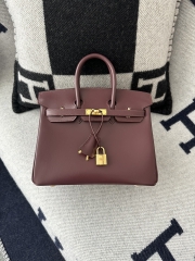 Birkin 25cm New Style with External Stitching in Imported Box Calfskin, CC55 Rough H Hermes Red with Gold Hardware