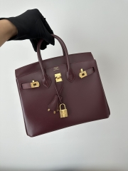 Birkin 25cm New Style with External Stitching in Imported Box Calfskin, CC55 Rough H Hermes Red with Gold Hardware