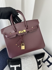 Birkin 25cm New Style with External Stitching in Imported Box Calfskin, CC55 Rough H Hermes Red with Gold Hardware