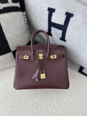 Birkin 25cm New Style with External Stitching in Imported Box Calfskin, CC55 Rough H Hermes Red with Gold Hardware