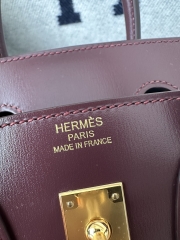 Birkin 25cm New Style with External Stitching in Imported Box Calfskin, CC55 Rough H Hermes Red with Gold Hardware