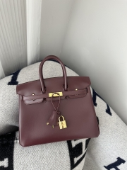 Birkin 25cm New Style with External Stitching in Imported Box Calfskin, CC55 Rough H Hermes Red with Gold Hardware