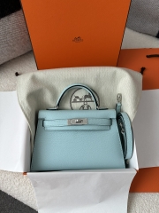 Kelly Mini II Second Generation in Imported Evercolor Goatskin, U2 Bleu Zephyr with Silver Hardware