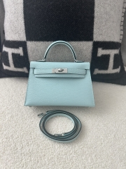 Kelly Mini II Second Generation in Imported Evercolor Goatskin, U2 Bleu Zephyr with Silver Hardware