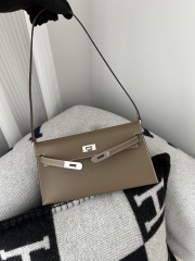 Kelly Elan 27cm New Style Shoulder Bag in Imported Madame Leather, CK18 Etoupe Grey with Silver Hardware