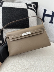 Kelly Elan 27cm New Style Shoulder Bag in Imported Madame Leather, CK18 Etoupe Grey with Silver Hardware
