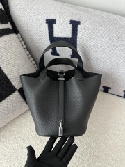 Picotin Lock 18cm in Imported Clemence TC Leather, CK89 Noir Black with Silver Hardware