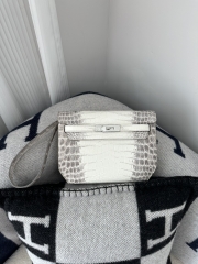 Kelly Depeches Men's Clutch 25cm in Matte Himalaya Crocodile Leather with Silver Hardware
