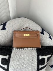 Kelly Pochette 22cm Swift  Calfskin Leather CC37 Gold Brown Gold Hardware