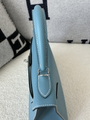 Kelly 28cm Epsom Textured Calfskin Leather D2 New Blue Jean Denim Blue Silver Hardware
