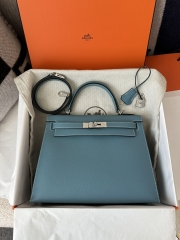 Kelly 28cm Epsom Textured Calfskin Leather D2 New Blue Jean Denim Blue Silver Hardware