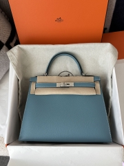 Kelly 28cm Epsom Textured Calfskin Leather D2 New Blue Jean Denim Blue Silver Hardware