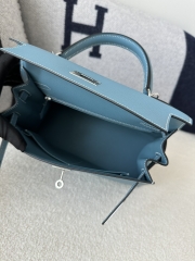 Kelly 28cm Epsom Textured Calfskin Leather D2 New Blue Jean Denim Blue Silver Hardware