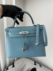 Kelly 28cm Epsom Textured Calfskin Leather D2 New Blue Jean Denim Blue Silver Hardware