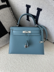 Kelly 28cm Epsom Textured Calfskin Leather D2 New Blue Jean Denim Blue Silver Hardware